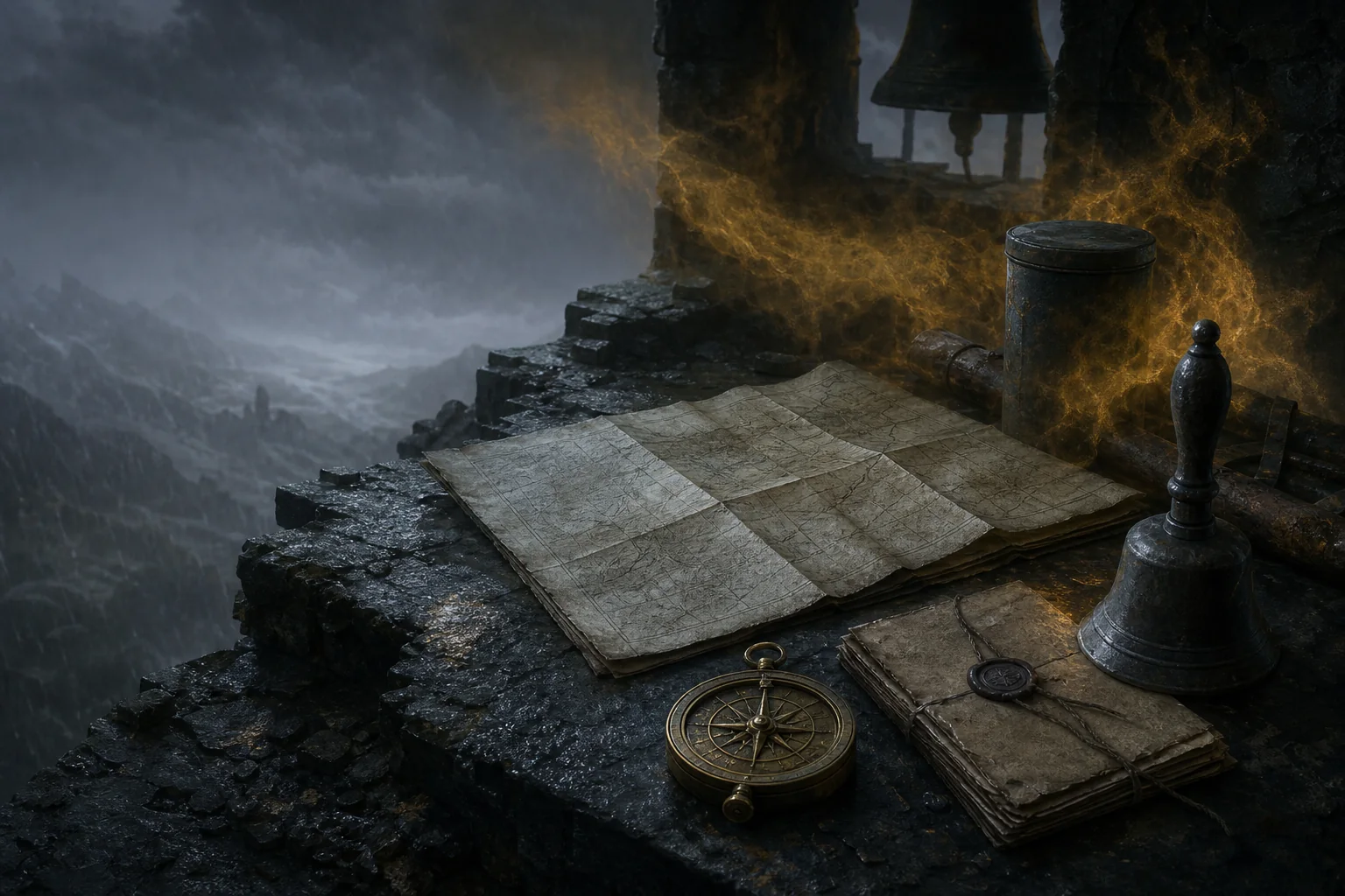 An original dark fantasy field archive with a map, compass and iron bell