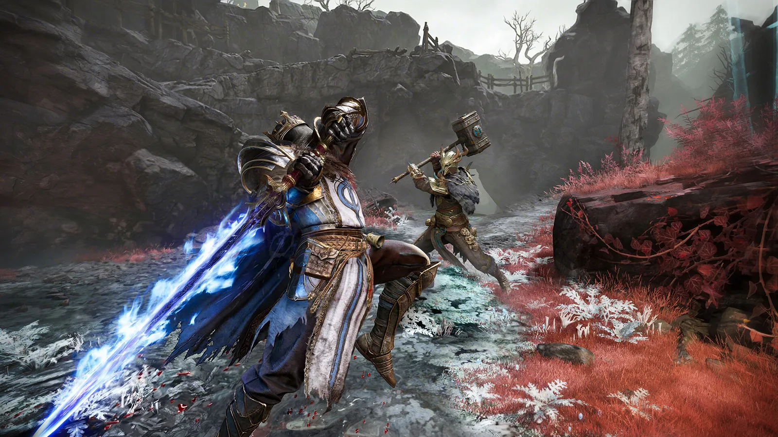Two Mistfall Hunter players fighting in a red-and-white battlefield