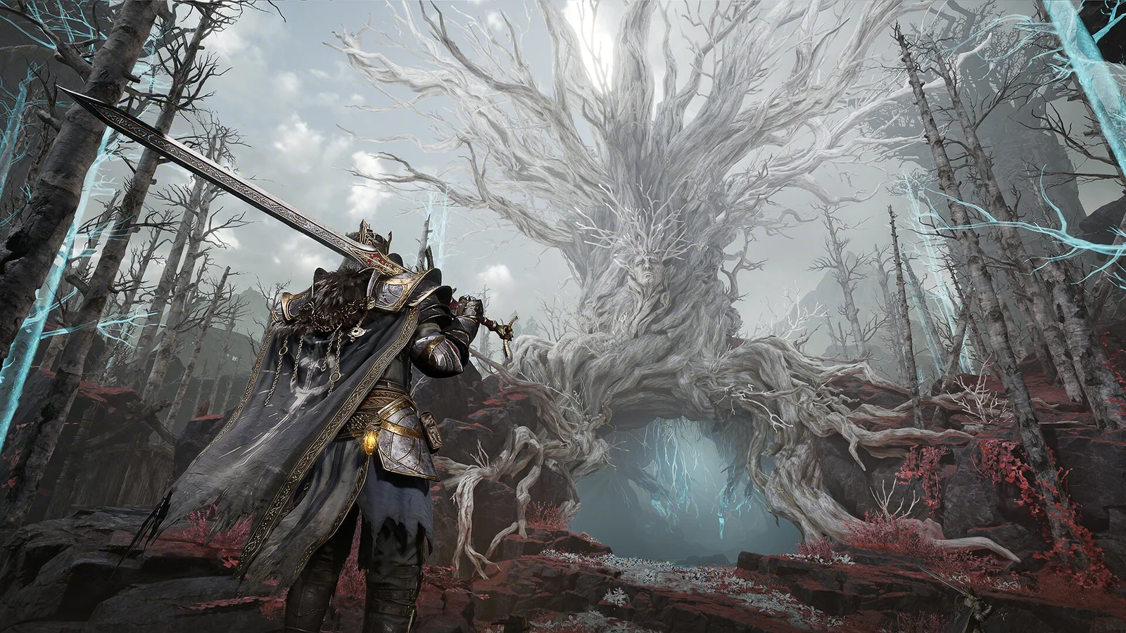A Mistfall Hunter Gyldhunter standing beneath Hallowgrove's giant white tree