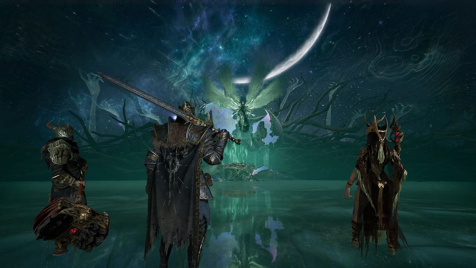 A three-player Mistfall Hunter squad facing a green celestial landscape